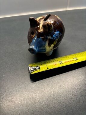 Handmade Glazed Ceramic Piggy Bank - Brown, Blue, Yellow Vintage from the 30’s